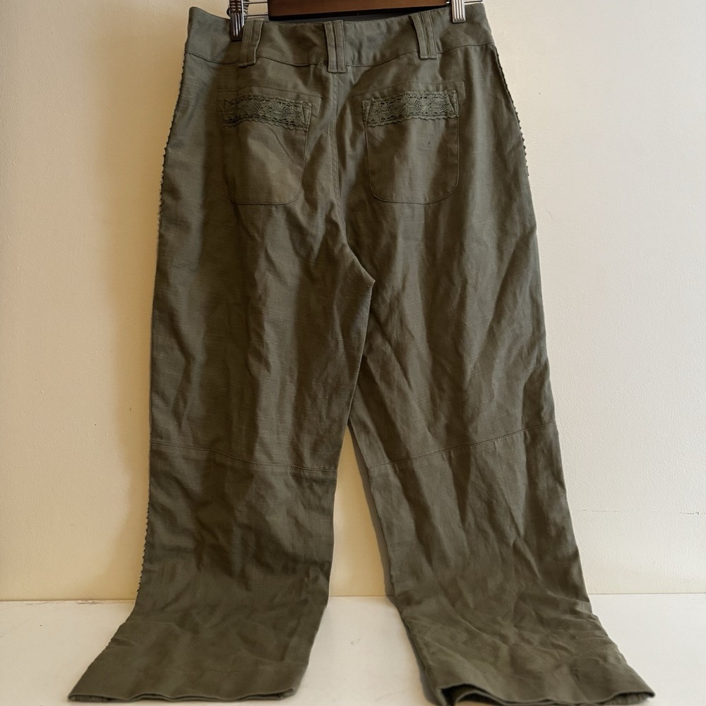 Time For Me Women's Sz M Olive Green 100% Cotton Embroidered Pants VTG